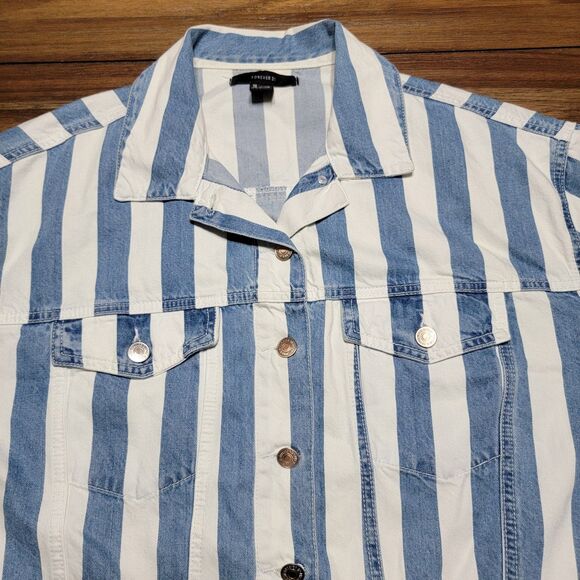 Forever 21 Crop Blue & White Stripe Denim Jacket - Size Medium - Picture 2 of 6